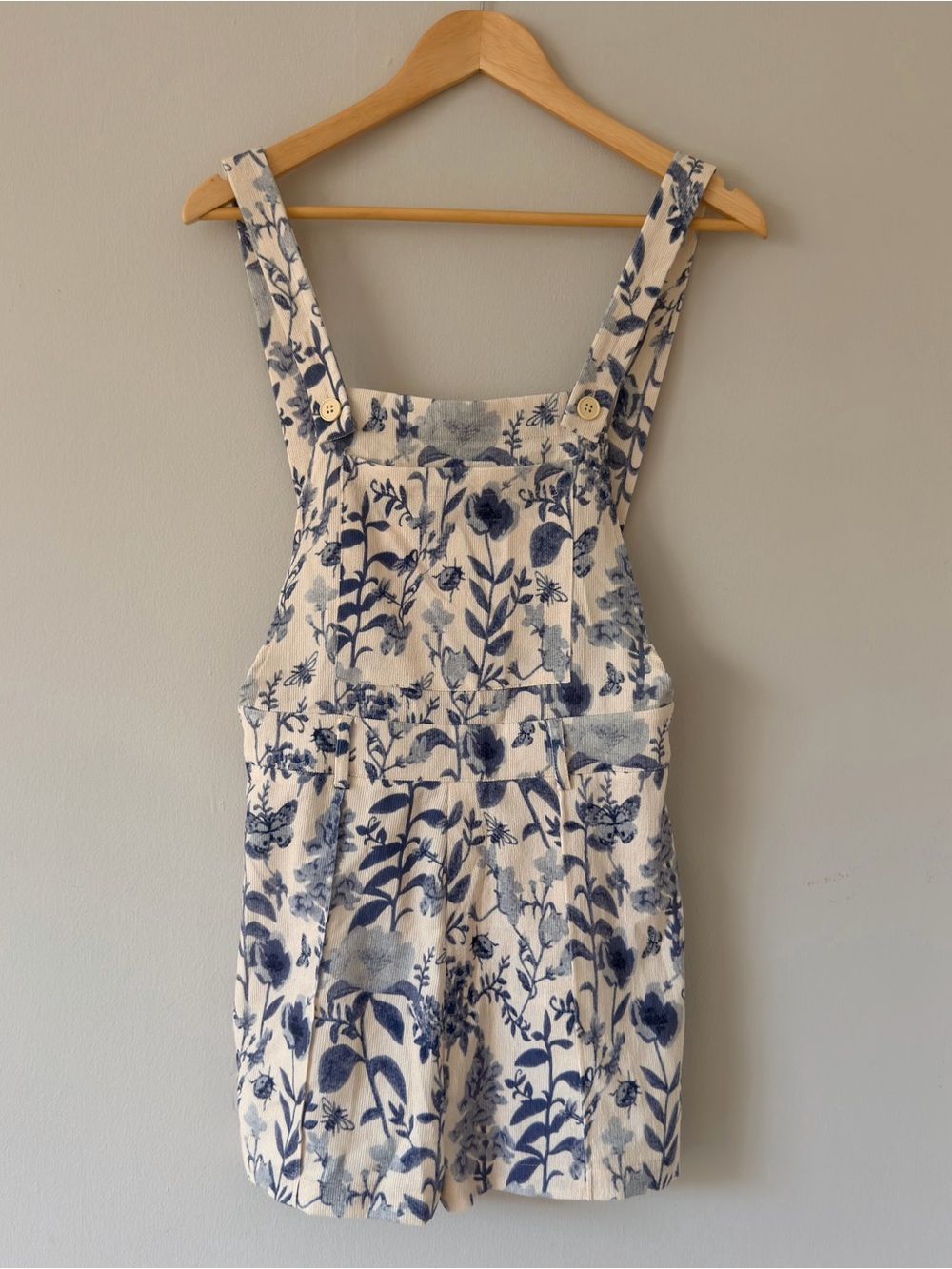 Blue White Floral Short Overalls S